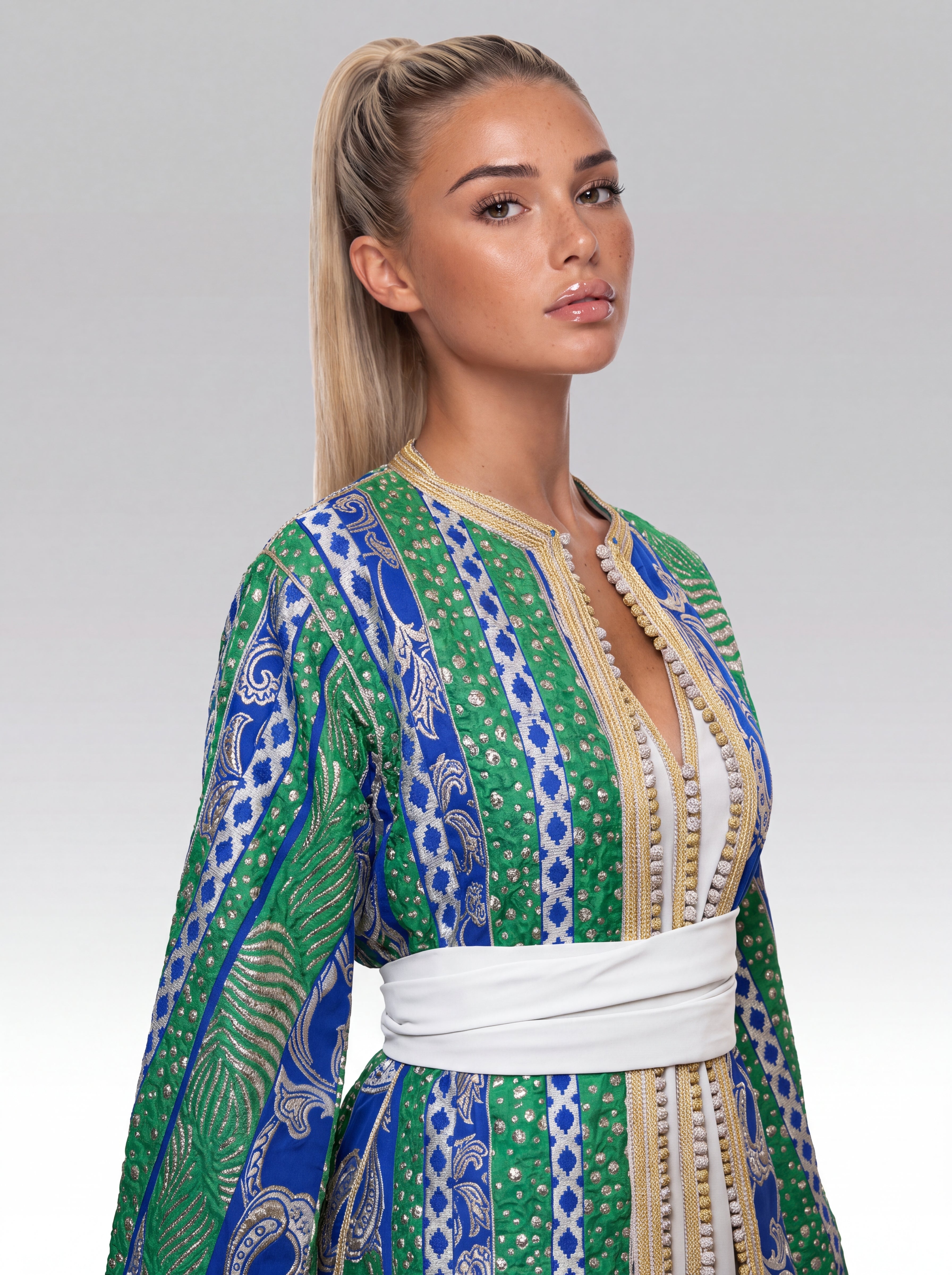 Takchita Bleu Horizon - Takchita marocaine deux pièces de mariage en veste : brocart • robe : crêpe mat, vue rapprochée sur les broderies artisanales et finitions à la main confectionnée à Fès - Caftan Paris
