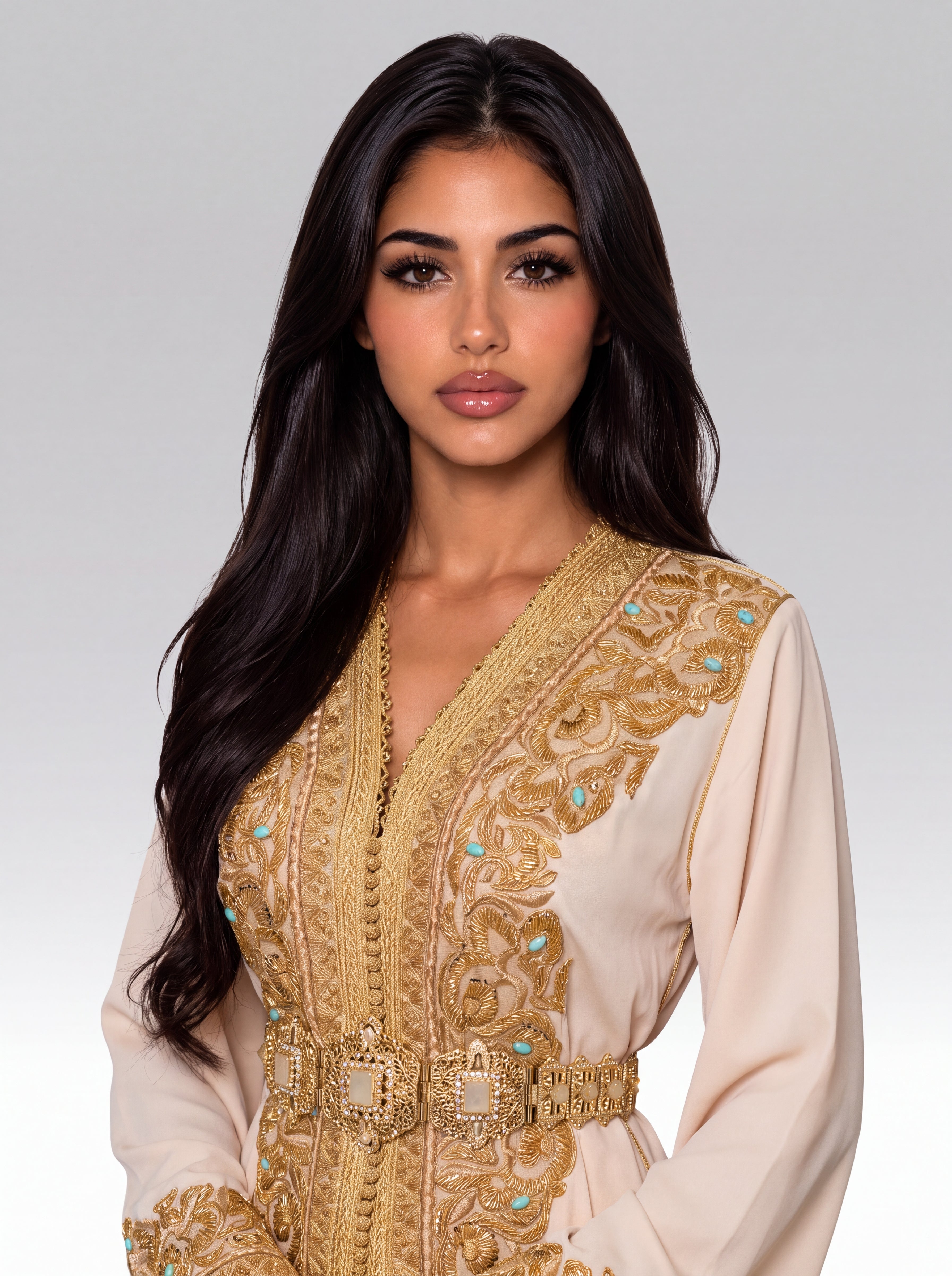 Caftan Ivoire Albâtre - Caftan marocain traditionnel de fête en crêpe haut de gamme • broderie d'or en relief, vue rapprochée sur les broderies artisanales et finitions à la main confectionné à Fès - Caftan Paris