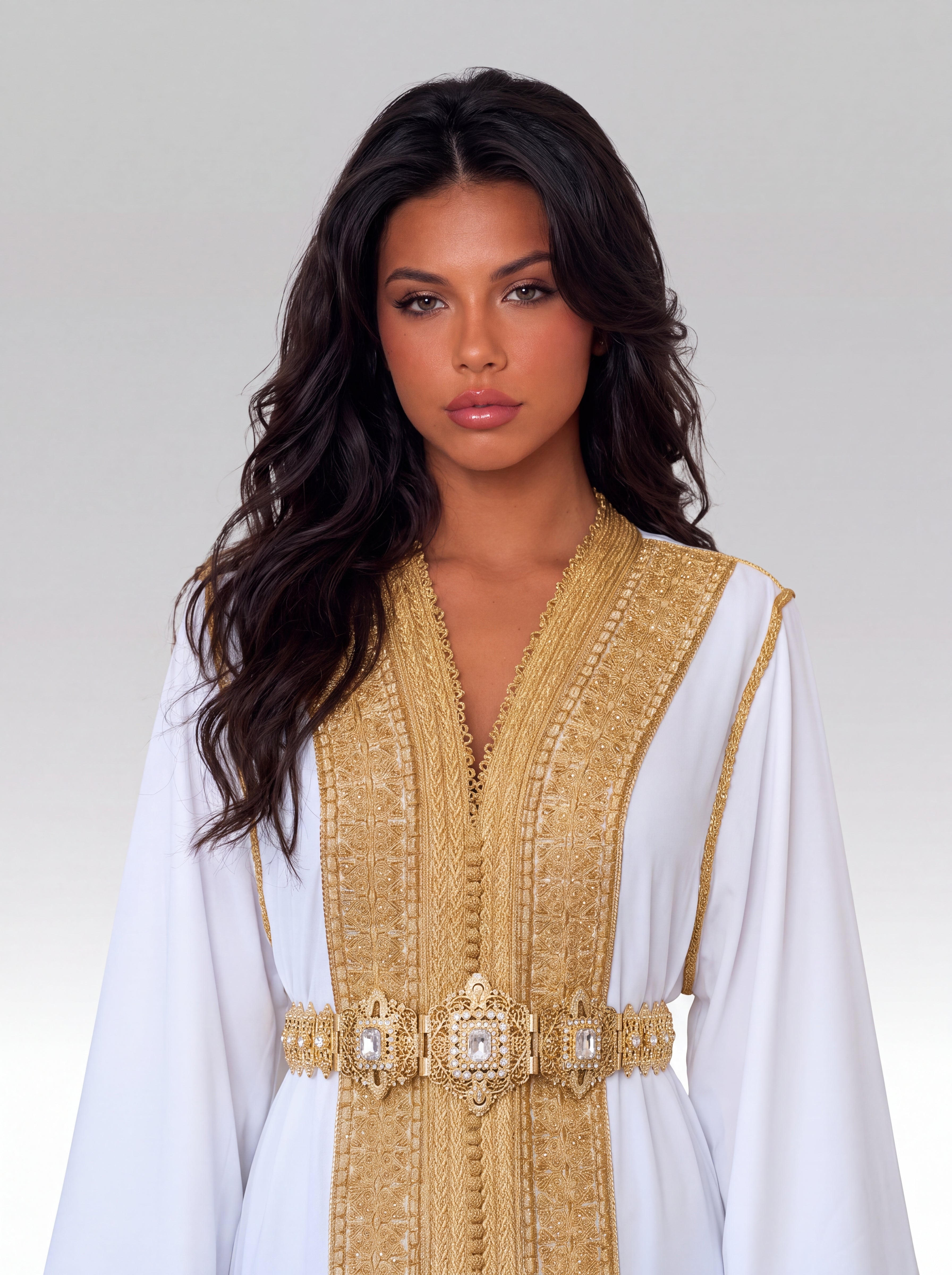 Caftan Blanc Solaire - Caftan marocain traditionnel de fête en crêpe fluide • galon doré plat épuré, vue rapprochée sur les broderies artisanales et finitions à la main confectionné à Fès - Caftan Paris